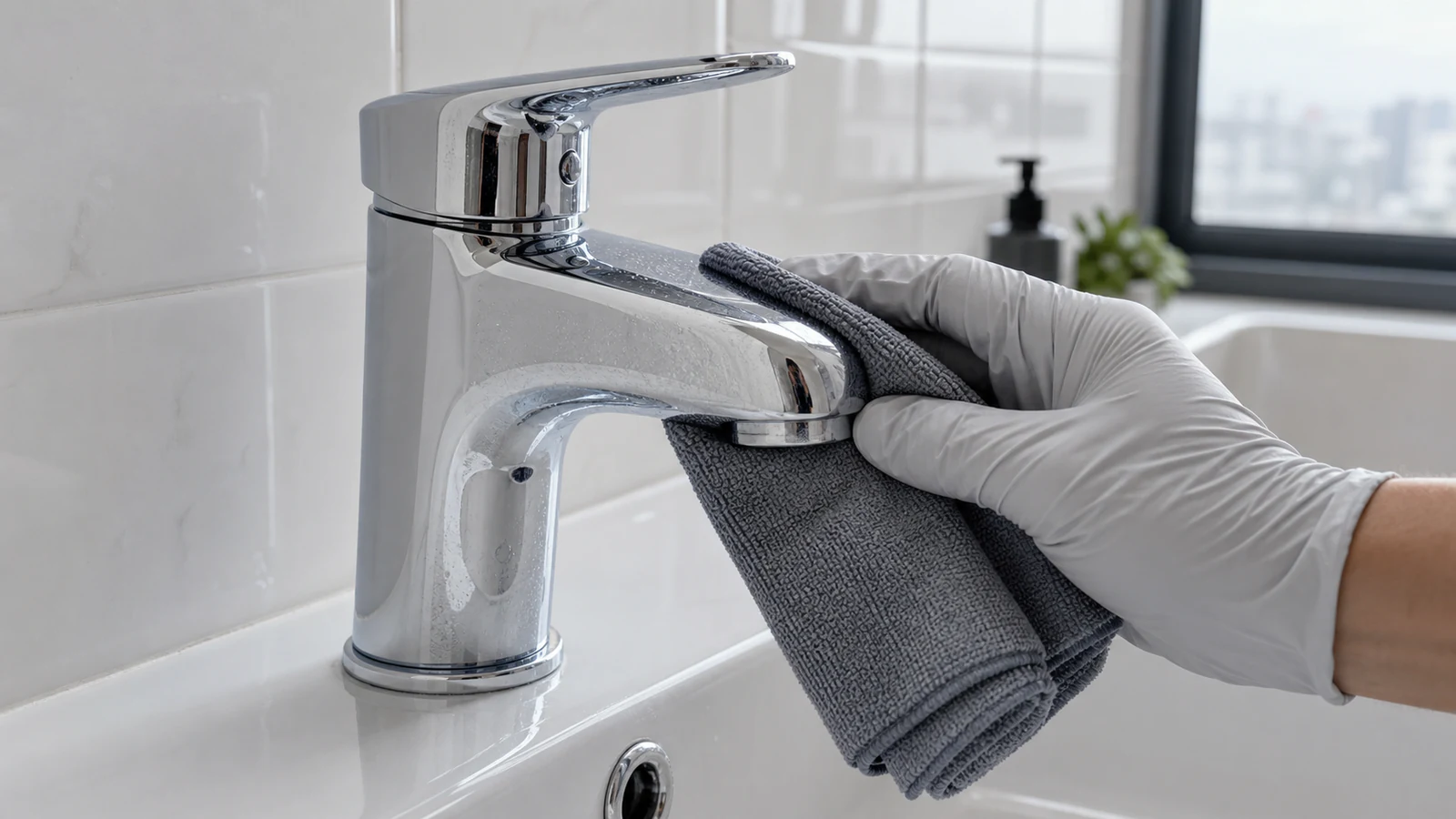 Comparison of chrome bathroom tap before cleaning with water spots and after cleaning with bright reflective shine