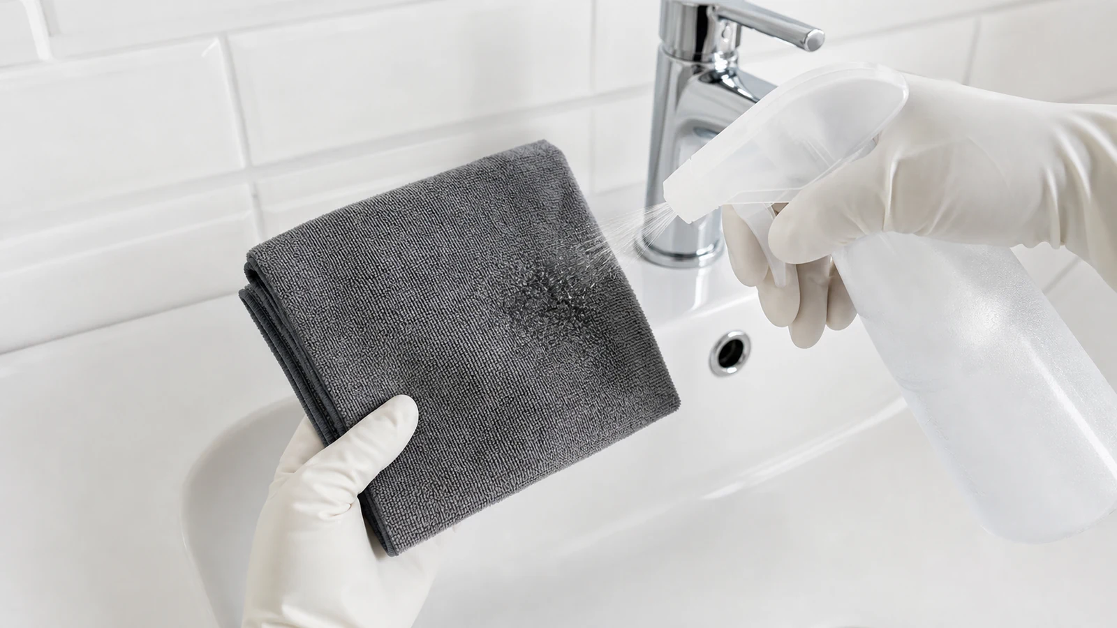 Gloved hand holding a damp microfibre cloth beside a spray bottle of diluted cleaner