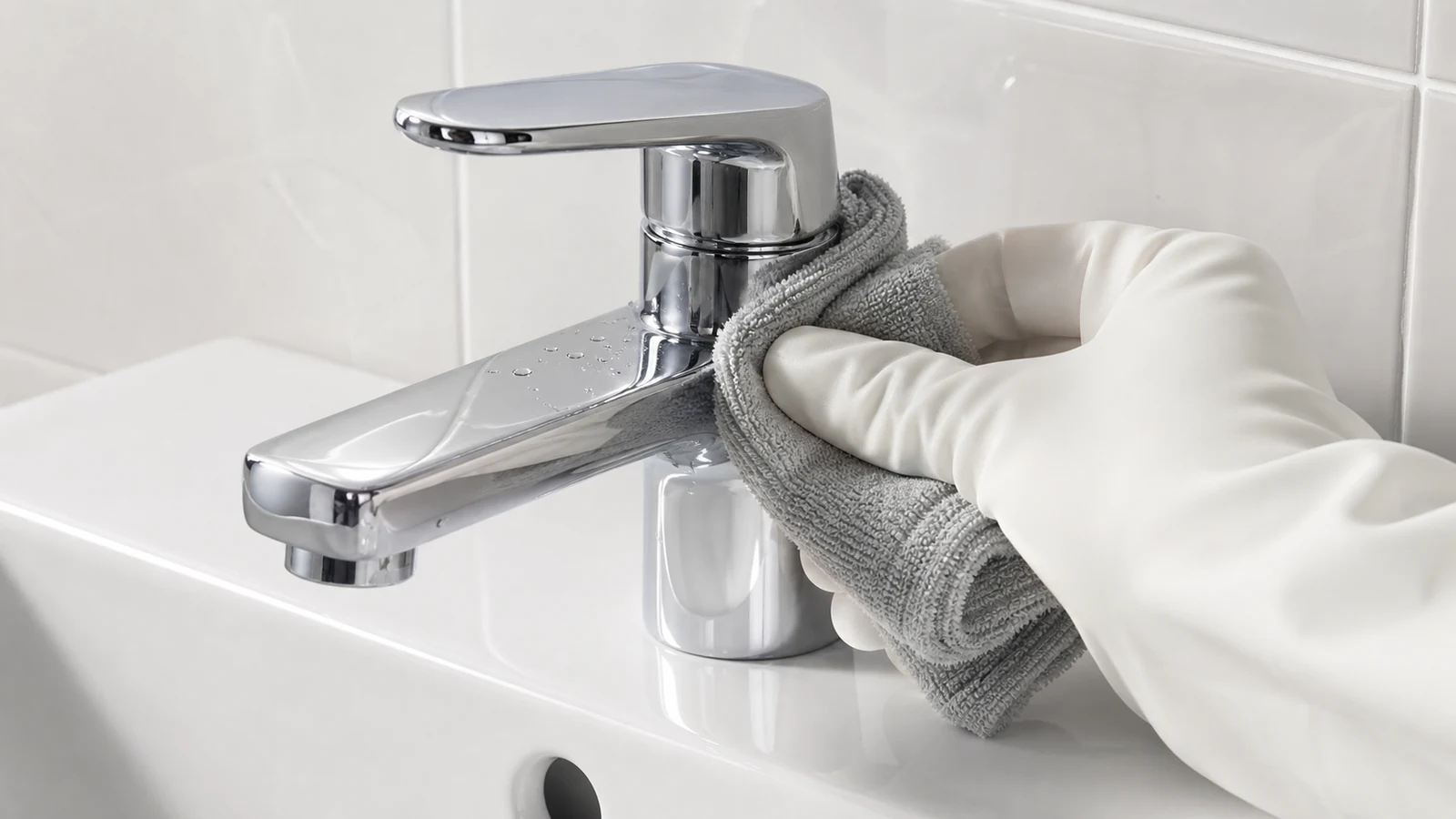 Gloved hand rinsing chrome tap with clean damp cloth under flowing water