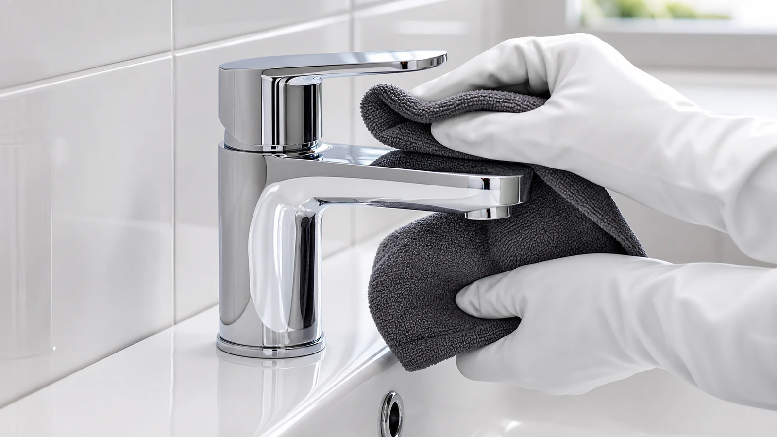 Gloved hand using dry microfibre cloth to polish chrome tap to final shine