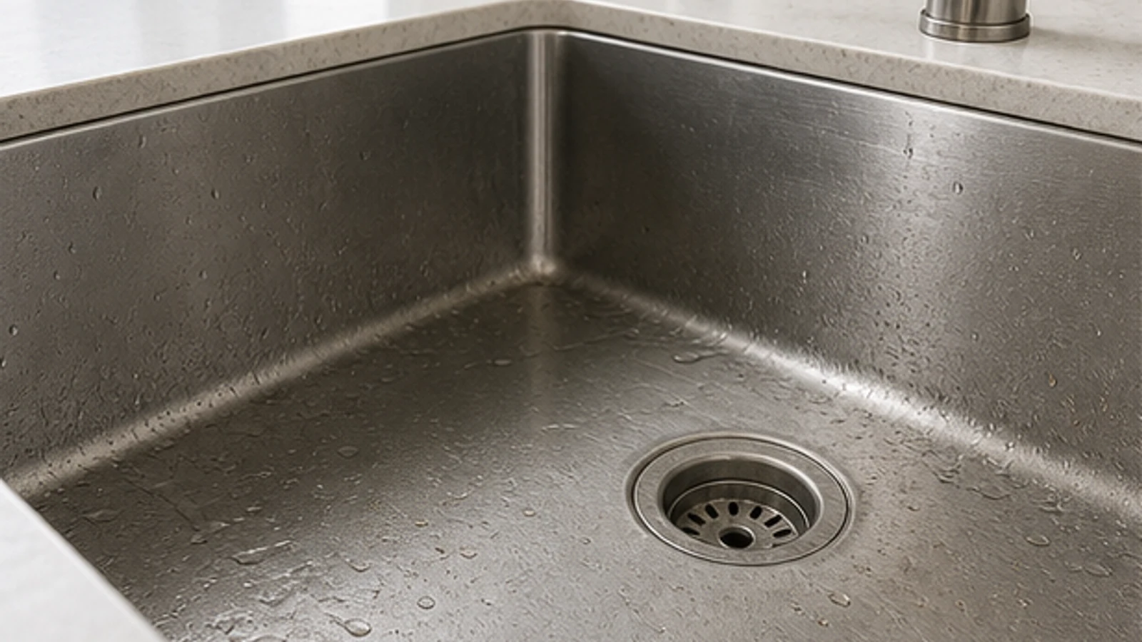 A naturally lit stainless-steel kitchen sink with dull water spots visible around the basin and drain before polishing.