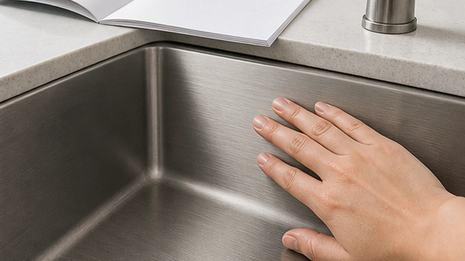 Hand running a moistened microfibre cloth with baking soda powder along the grain direction of a stainless sink rim, testing for compatibility.