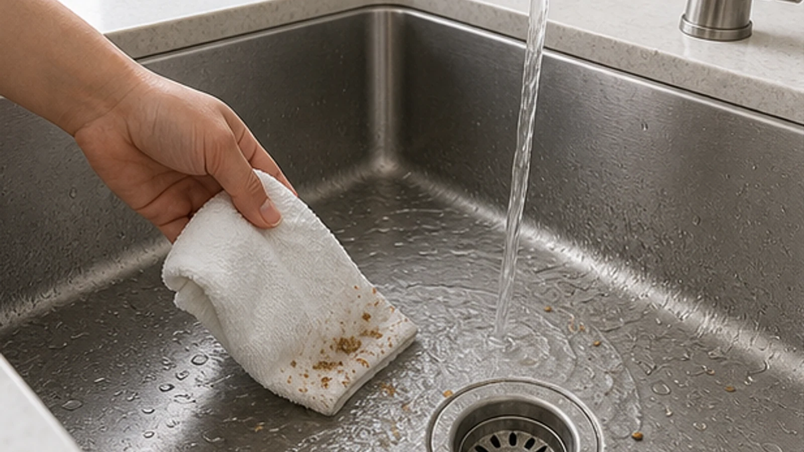 Applying a white baking soda paste to a dull stainless steel sink basin using a microfibre cloth, working along the visible grain direction.