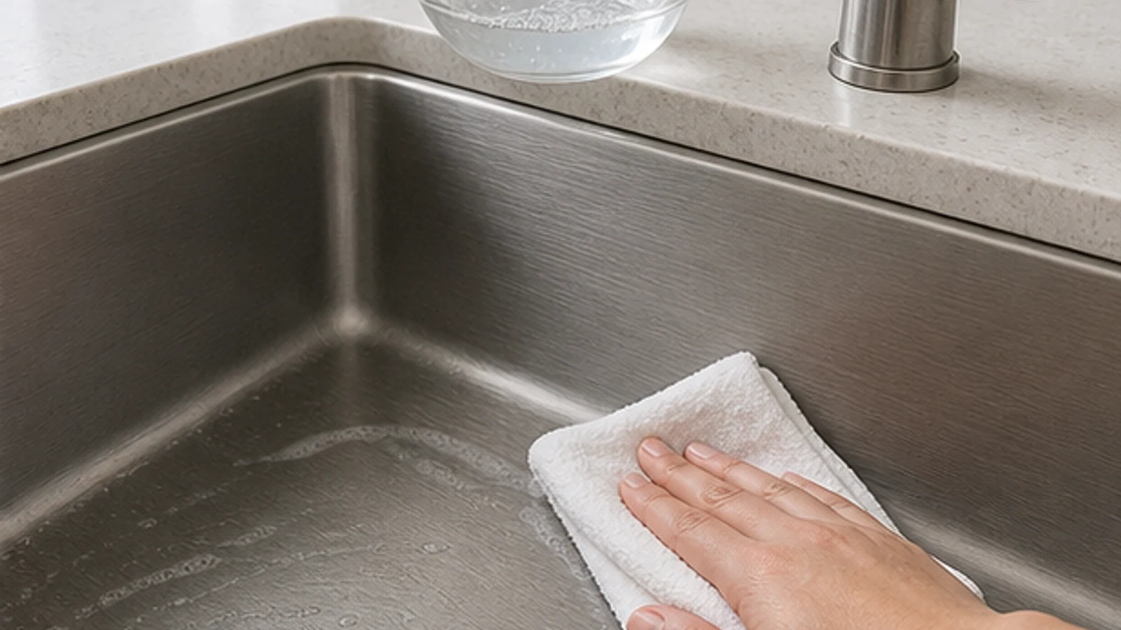 Buffing a stainless steel sink interior with a cloth containing baking soda paste, showing improved shine and light reflection as the paste is worked into the surface.