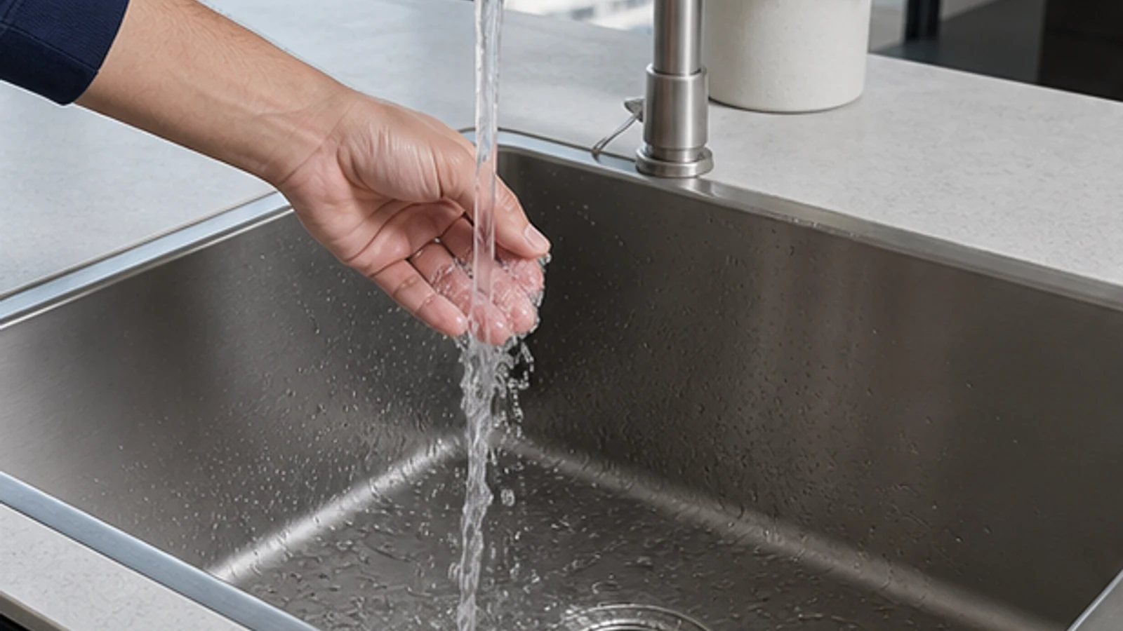 Rinsing a stainless steel sink thoroughly with running water from the spray attachment to remove all baking soda paste residue.