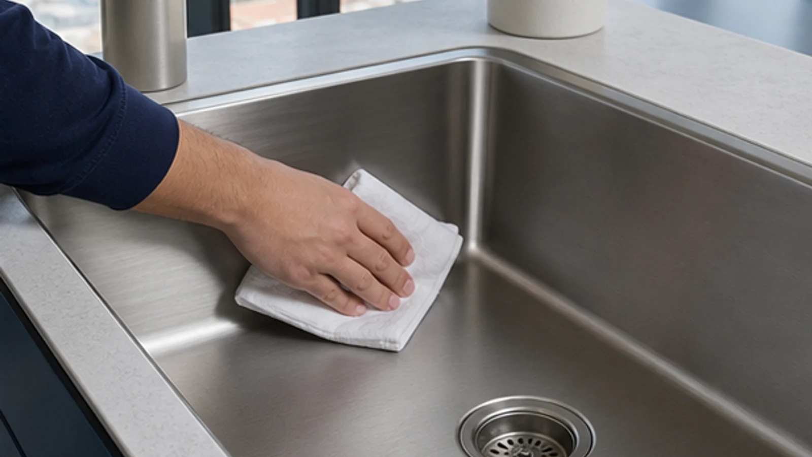 Drying a wet stainless steel sink interior with a dry microfibre cloth, showing careful attention to corners and the basin floor.