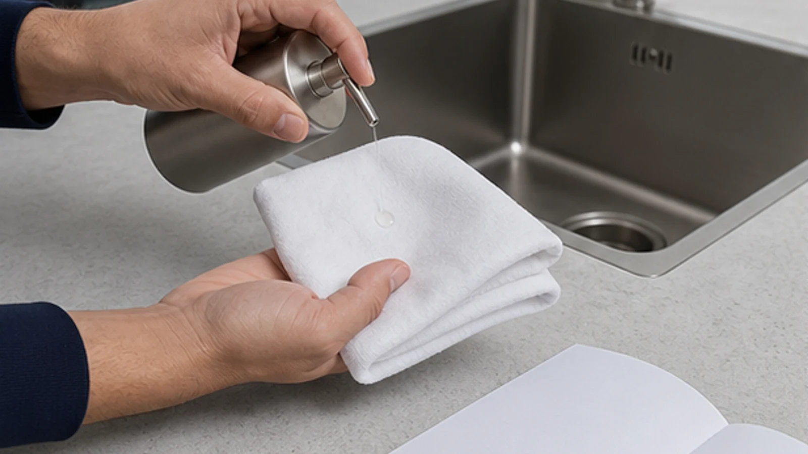 Applying a drop of mineral oil to a microfibre cloth and wiping it lightly across a polished stainless steel sink surface in the grain direction.