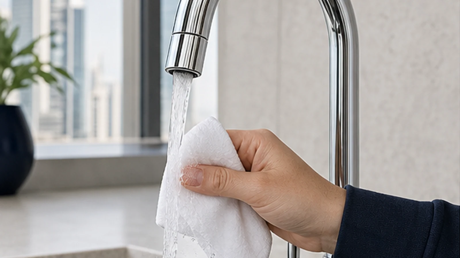 Rinsing a cleaned tap under running water and then drying it with a microfibre cloth.