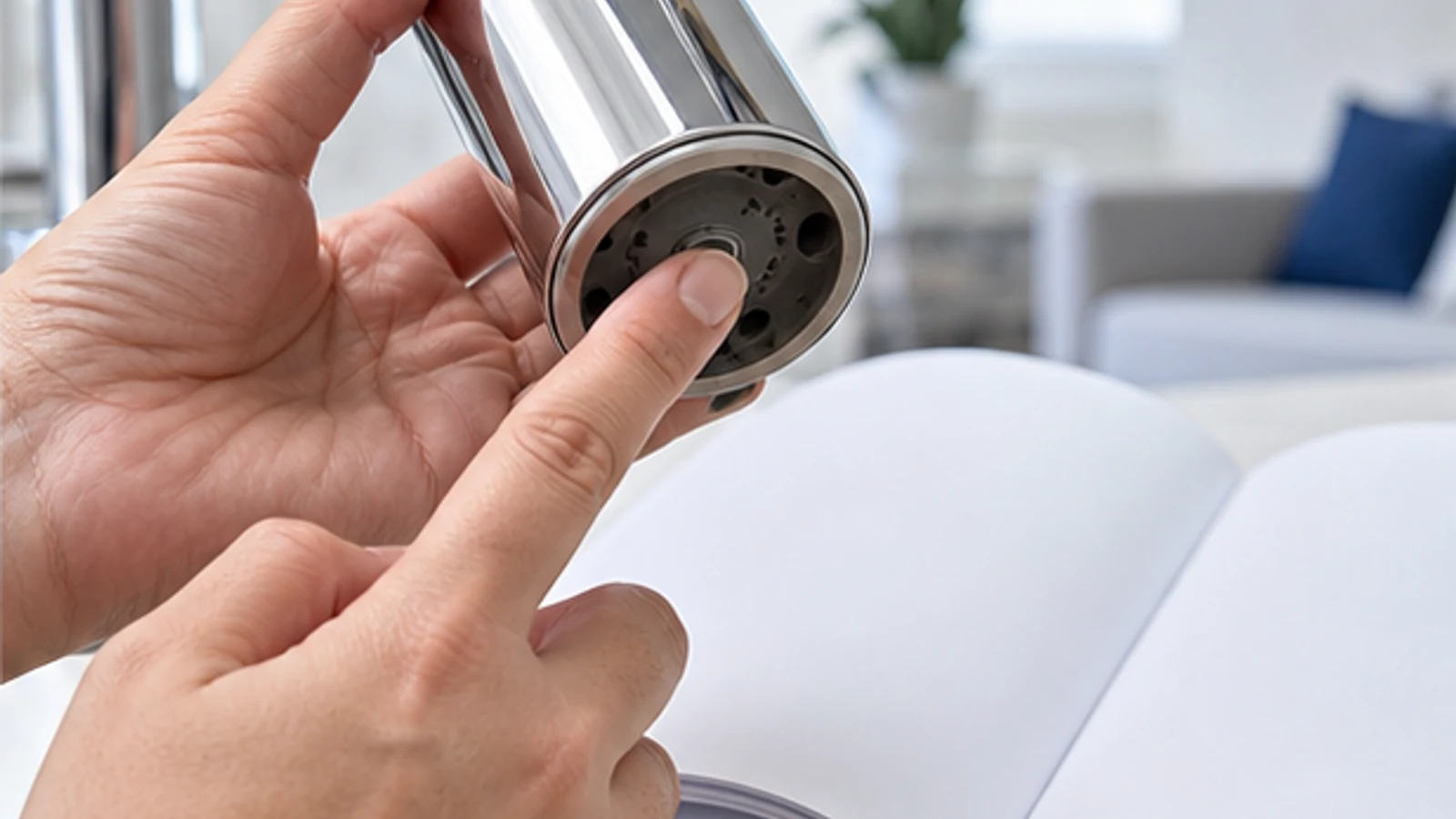 Hand pointing to the base of a kitchen tap to show where to check for maker markings.
