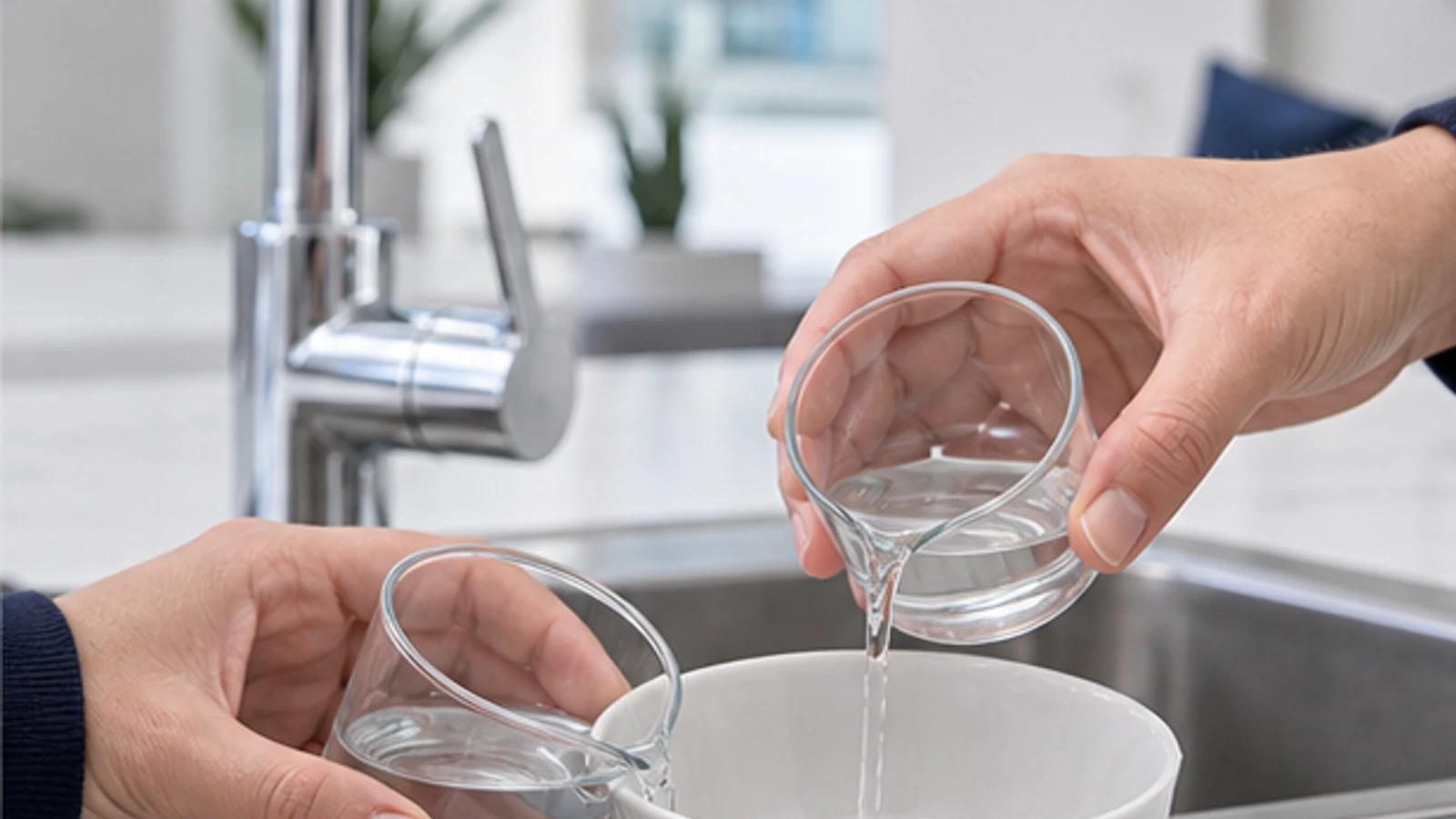 Securing a vinegar-filled plastic bag around a kitchen tap spout with a rubber band.