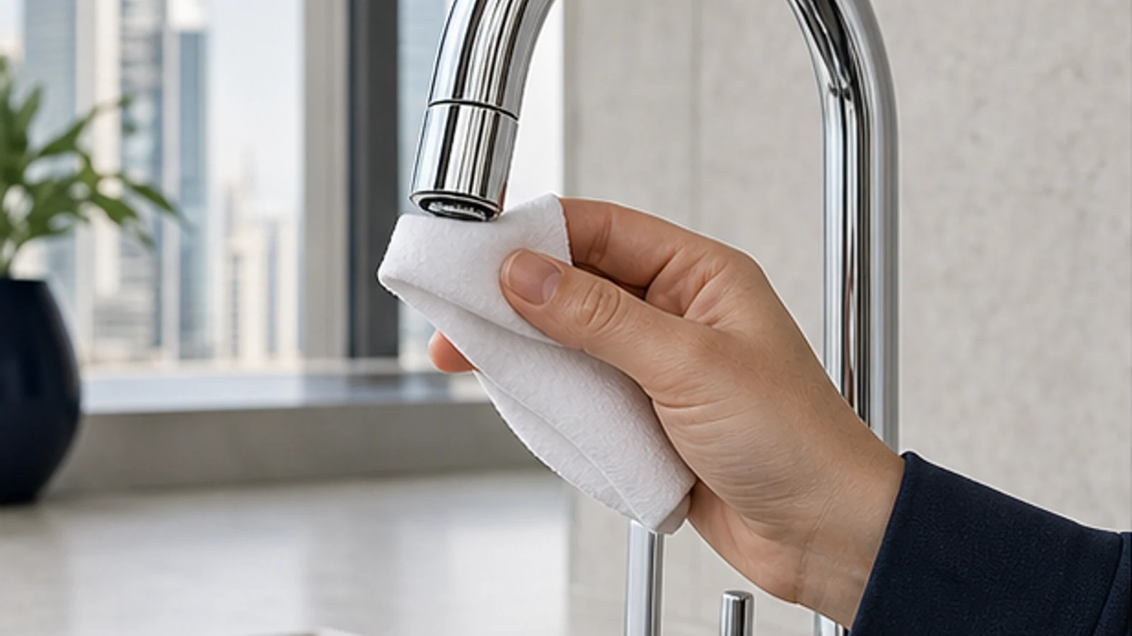 A kitchen tap with the vinegar bag secured around it, soaking undisturbed.