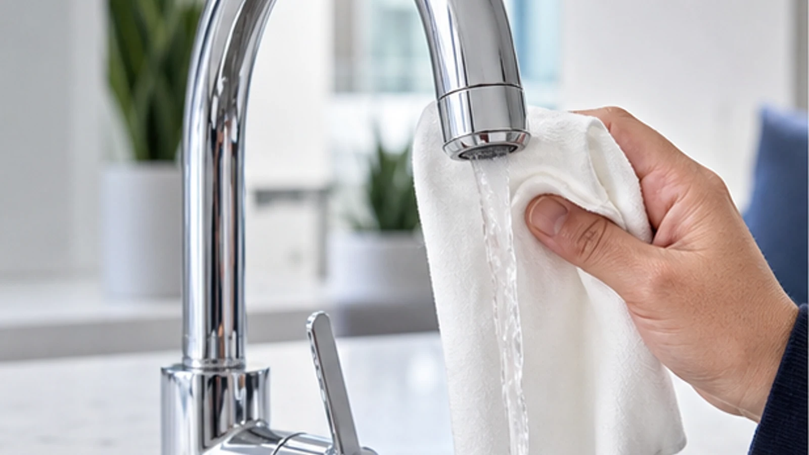 A chrome kitchen faucet being rinsed and dried with a soft cotton cloth after a brief finish-approved limescale treatment.