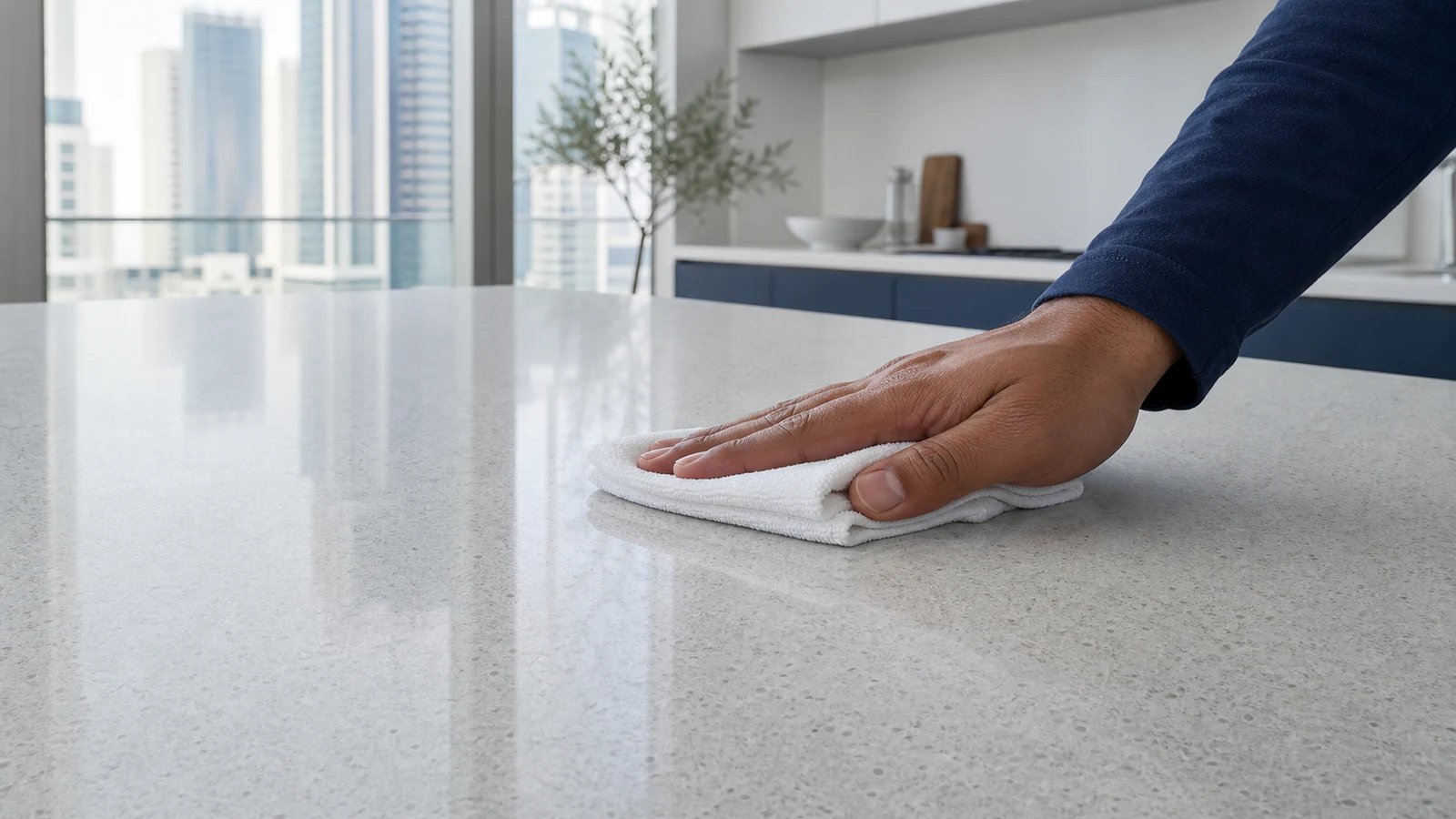 An identified countertop being checked under side light after gentle cleaning, with a care guide and soft cloth nearby.