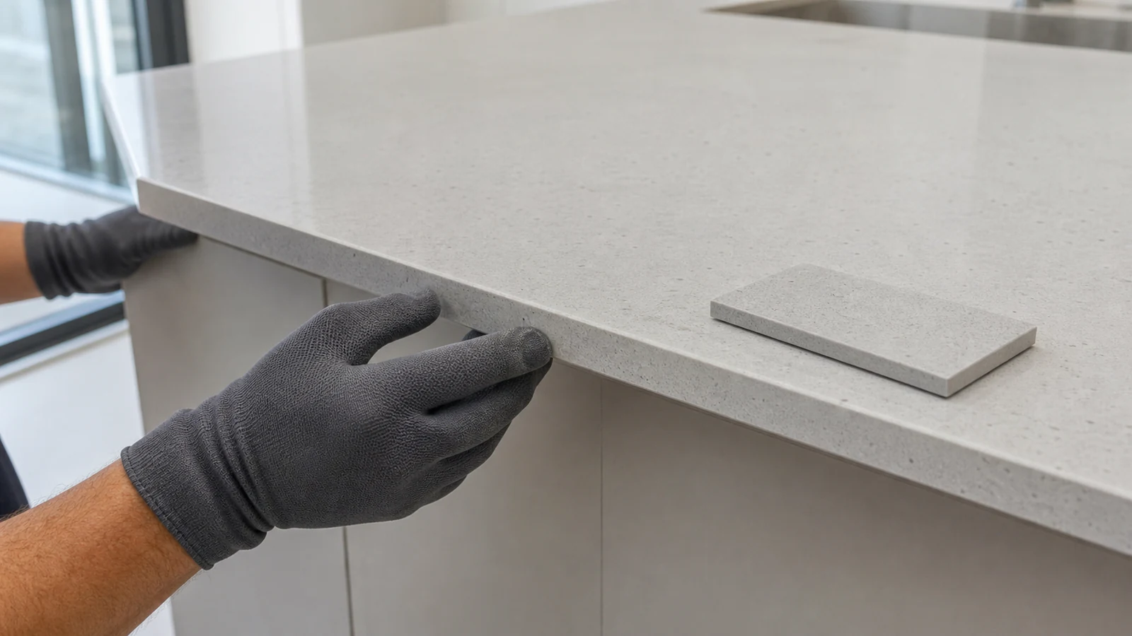 A gloved hand inspects the underside edge and surface pattern of a countertop before choosing a cleaning method.