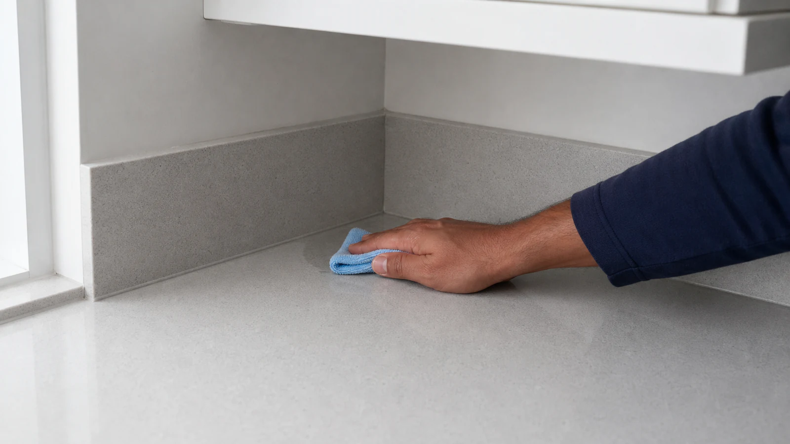 A hand applying a small amount of neutral cleaner to an out-of-sight countertop corner with a microfibre cloth, in daylight.