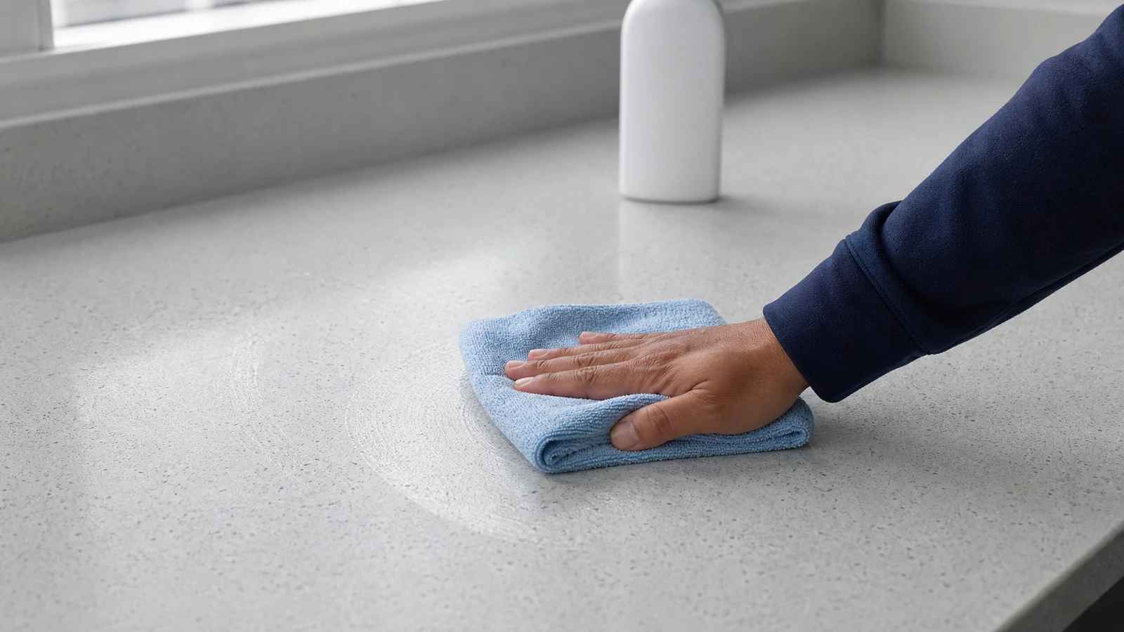 A hand using a damp microfibre cloth to wipe a countertop in circular motions, with a cleaner bottle visible in the background.