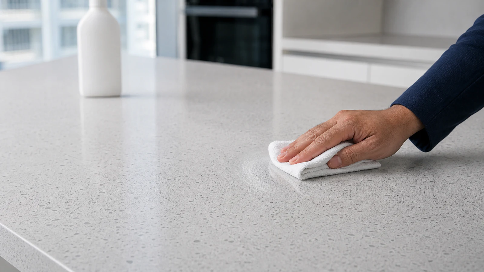 A hand applying a thin layer of polish to a countertop using a microfibre cloth in circular motions, with the polish bottle in the background.