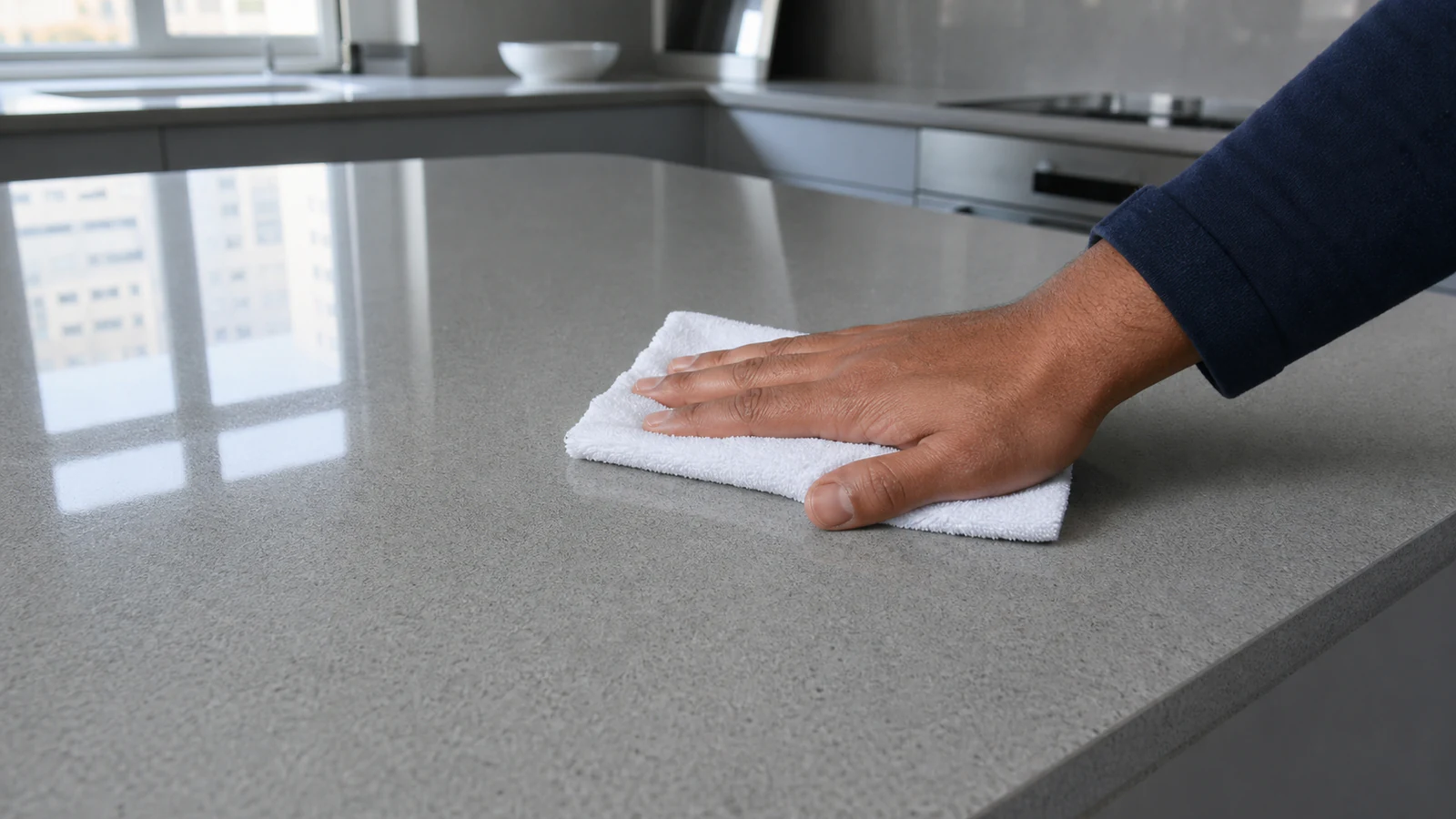 A hand holding a dry microfibre cloth buffing a countertop in circular motions, with the reflected light showing a high gloss finish.