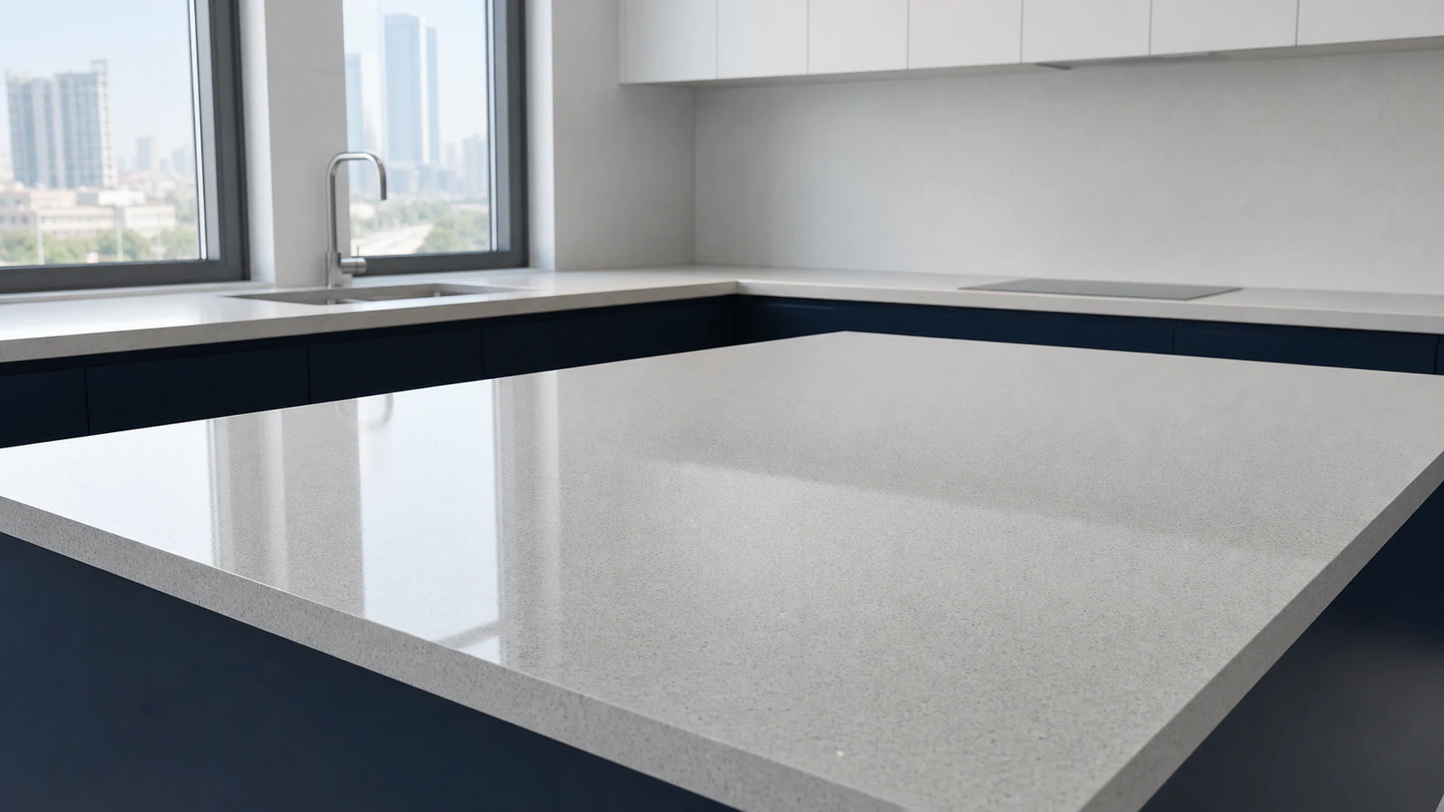 A wide shot of a completed, glossy countertop reflecting natural window light, with no items on the surface, showing the full restored shine.
