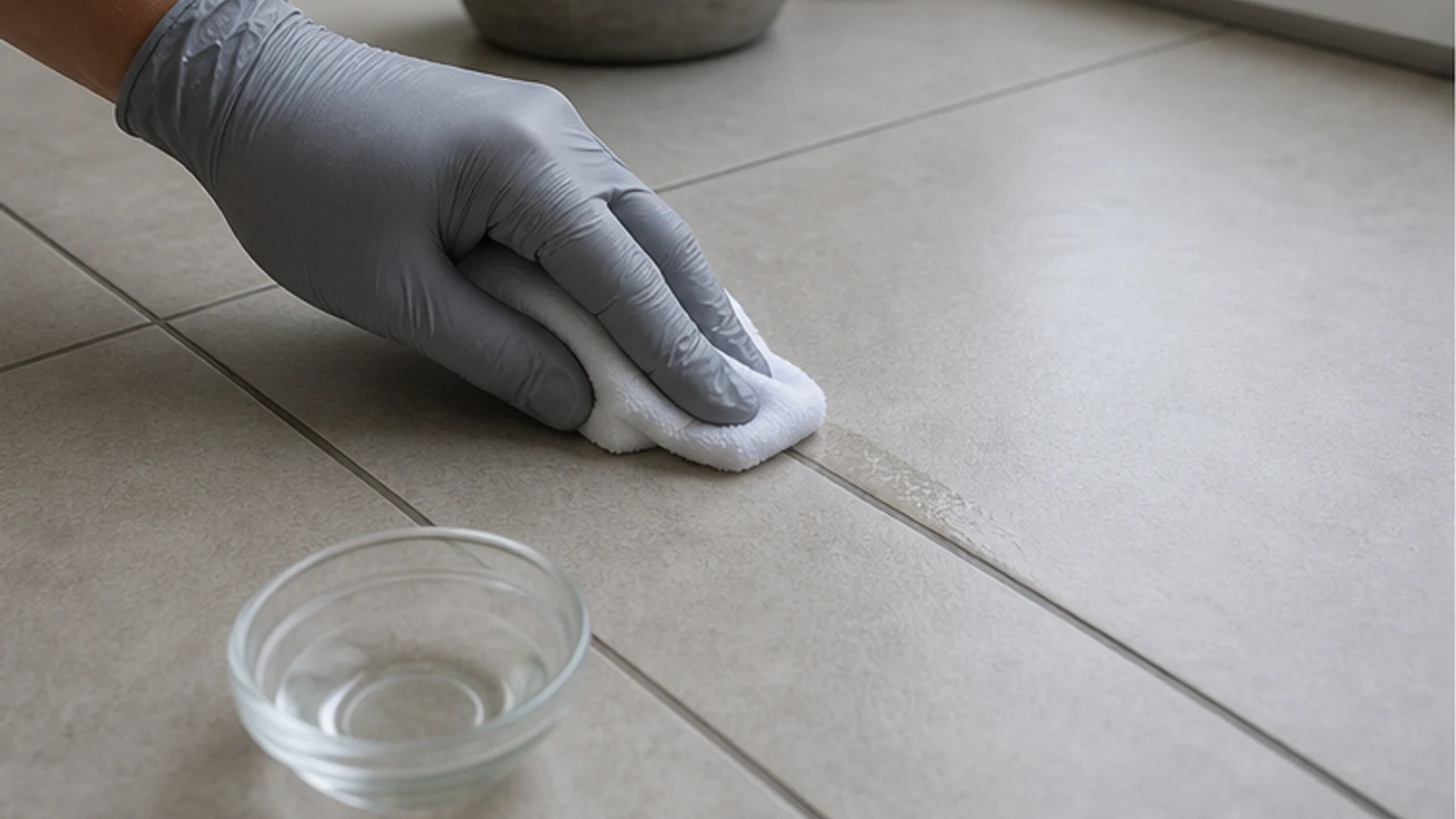 A hand holding a small container with thick paste, applying it with a brush to a hidden grout line under a kitchen cupboard.