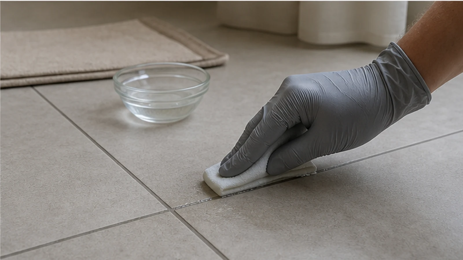A gloved hand using a stiff brush to apply thick white paste along grout lines on the floor, working in a straight line.