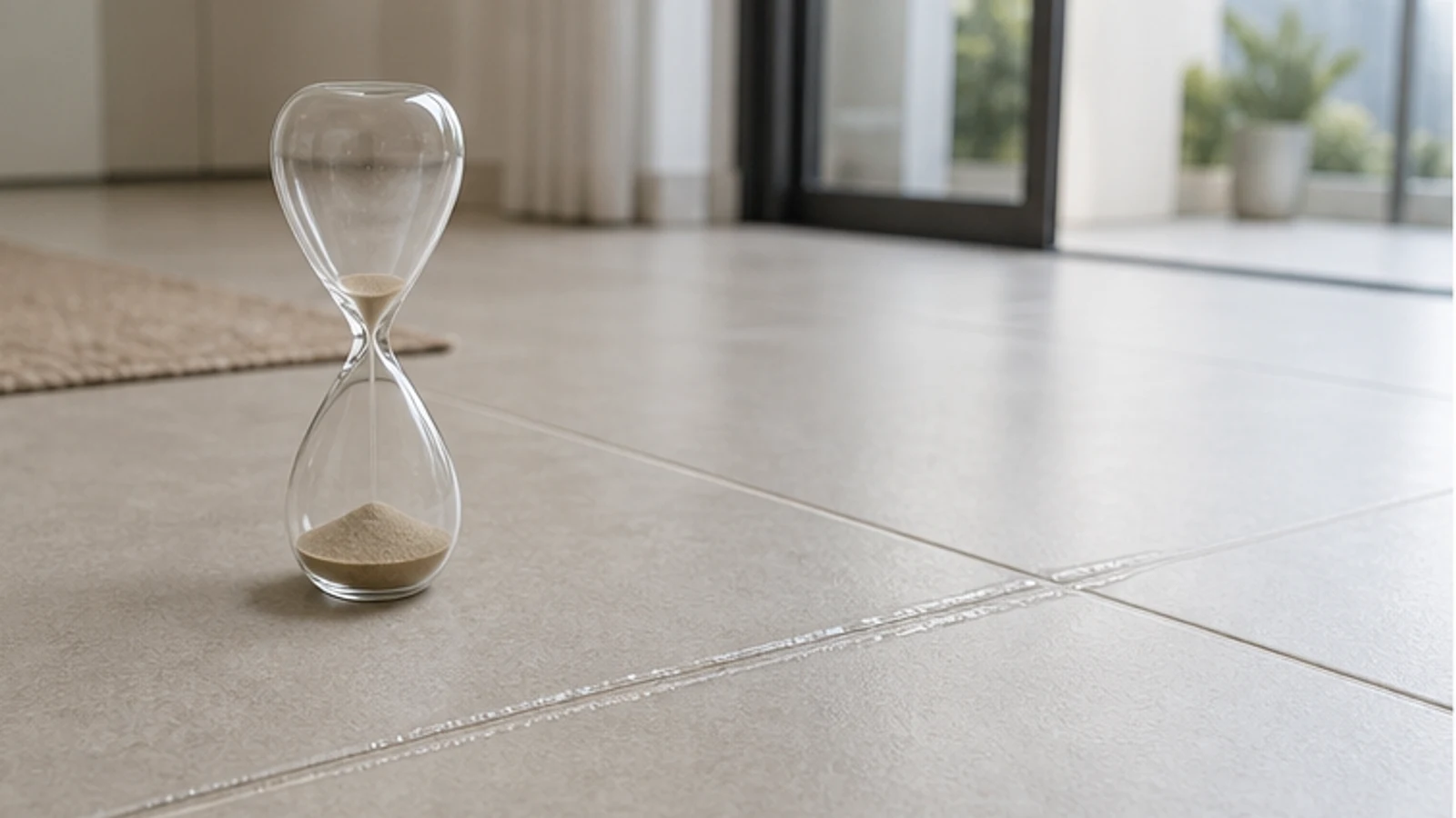 A section of floor with white paste in the grout lines, a timer showing the 15-minute wait period.