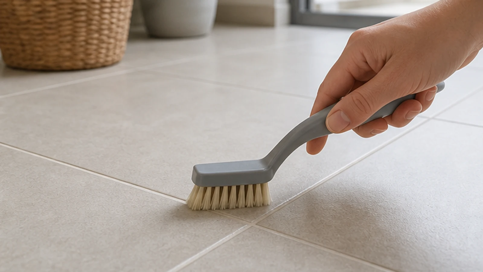 A gloved hand using a stiff brush to scrub grout lines with firm back-and-forth strokes, whitening visible where scrubbed.