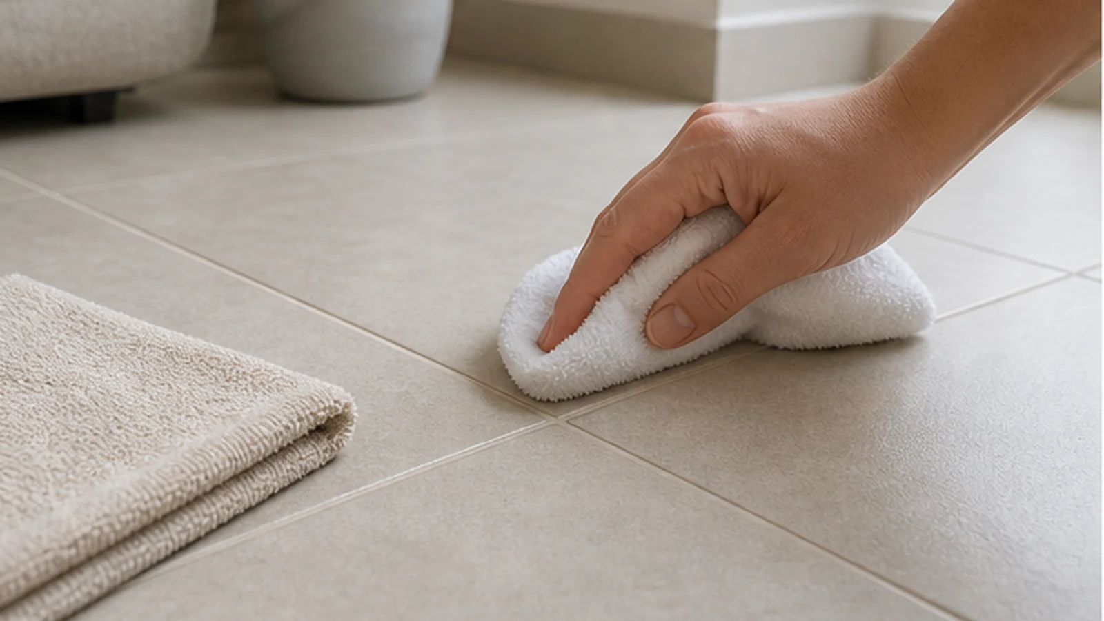 A gloved hand wiping a cleaned grout section with a damp cloth, rinsing away white residue, the cleaned grout visibly lighter.