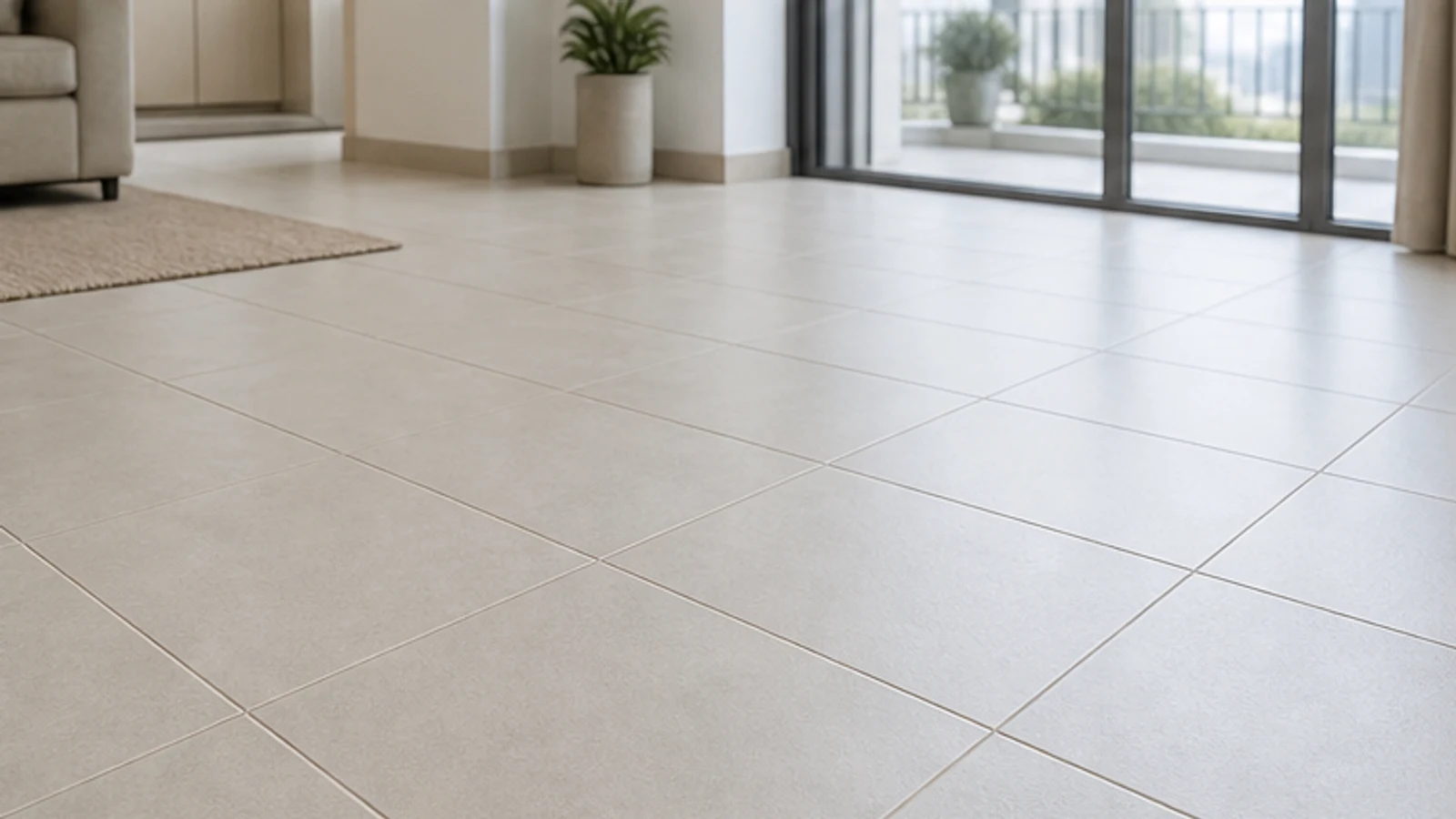 An overhead view of a ceramic tiled floor with multiple metre-long sections of clean white grout, progressing across the room.