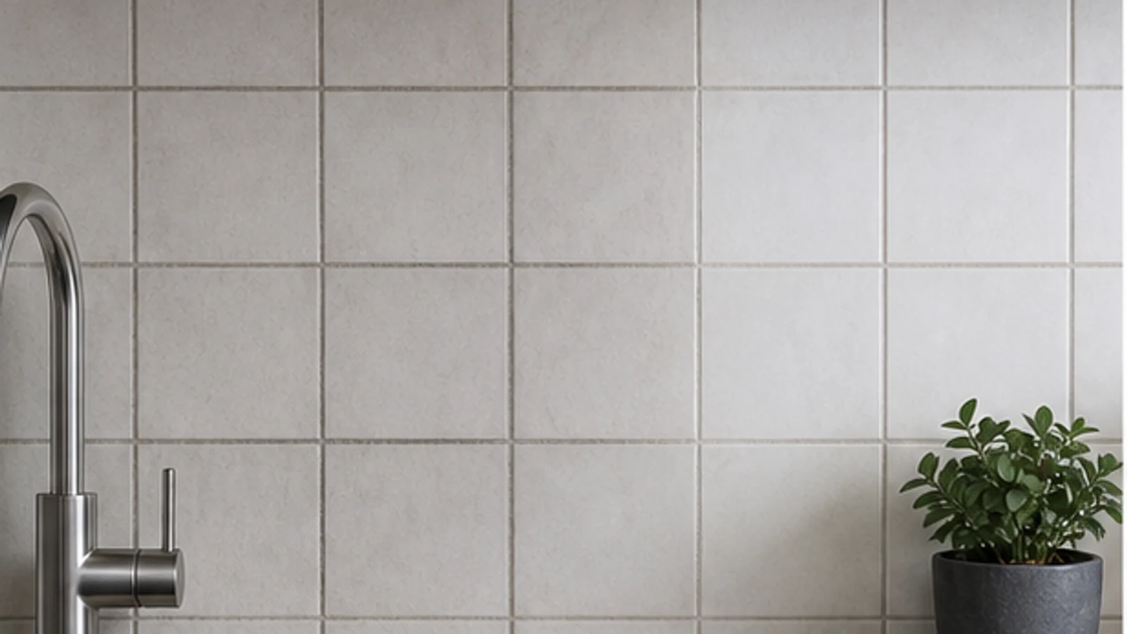 Kitchen backsplash with half the grout lines brightened and half remaining dark, showing the contrast between cleaned and uncleaned cement grout.