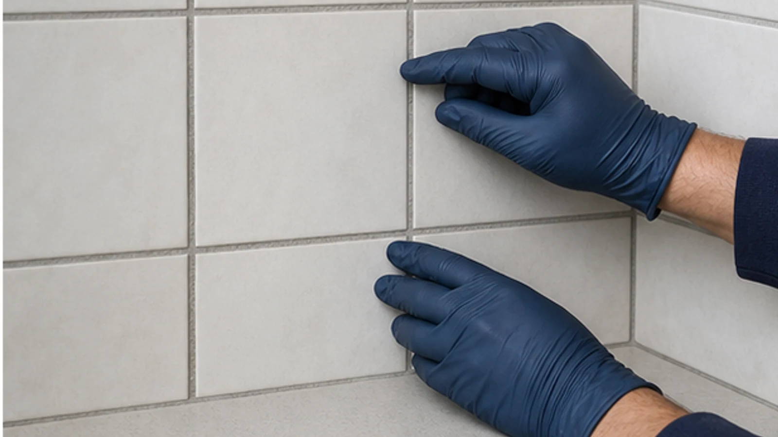 Hands wearing nitrile gloves pointing to a grout line in the corner of a backsplash, examining its texture and colour before testing.