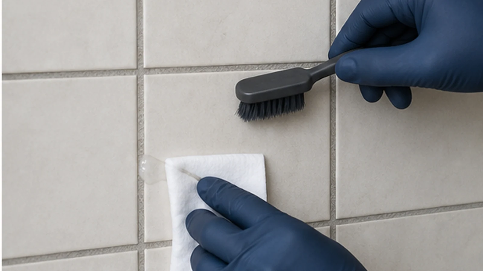 Gloved hands stirring baking soda and hydrogen peroxide in a small ceramic dish, showing the paste texture and consistency.
