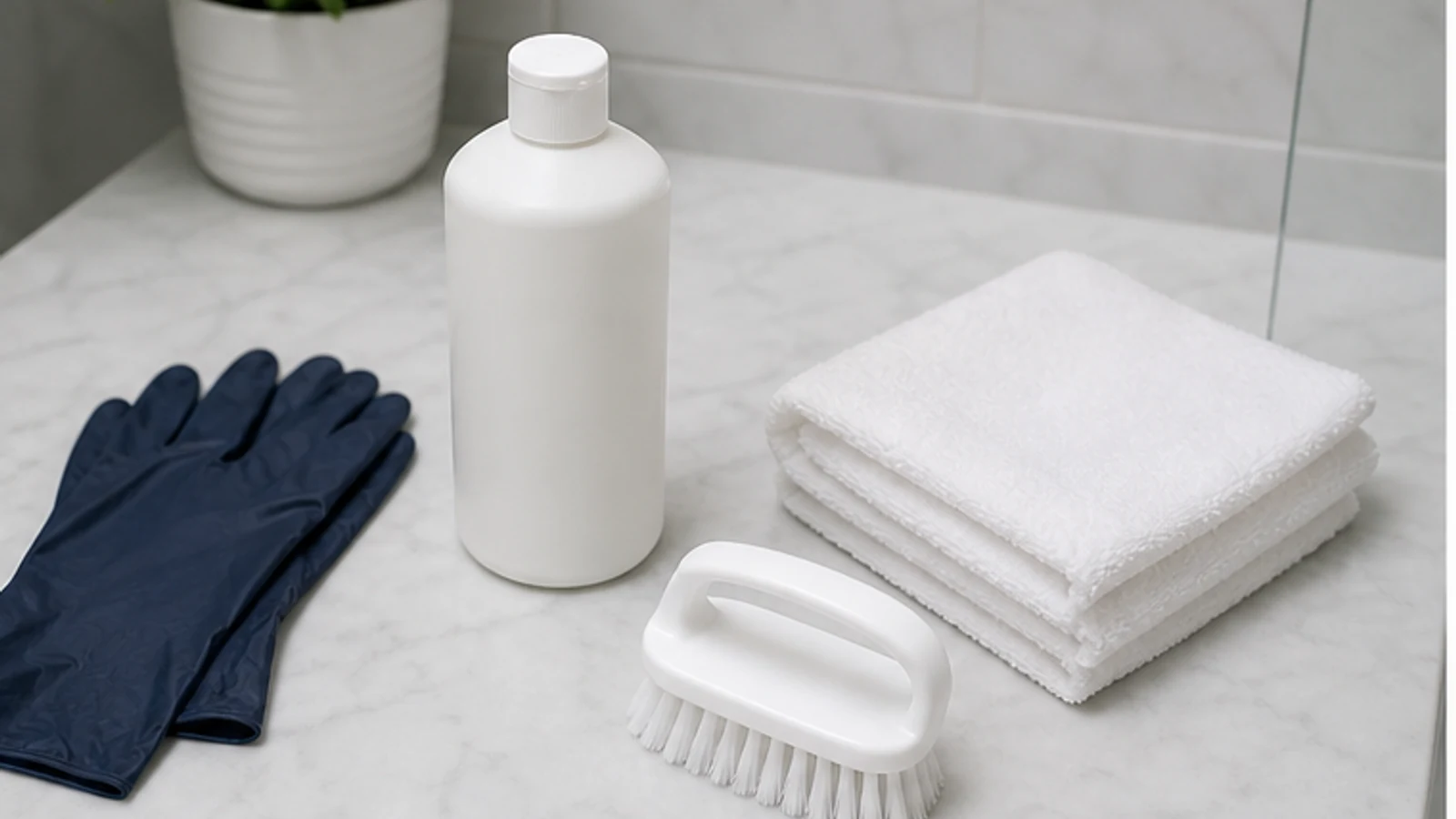Neutral tile-and-grout cleaner, gloves, soft hand brush and clean towels prepared on a bathroom counter