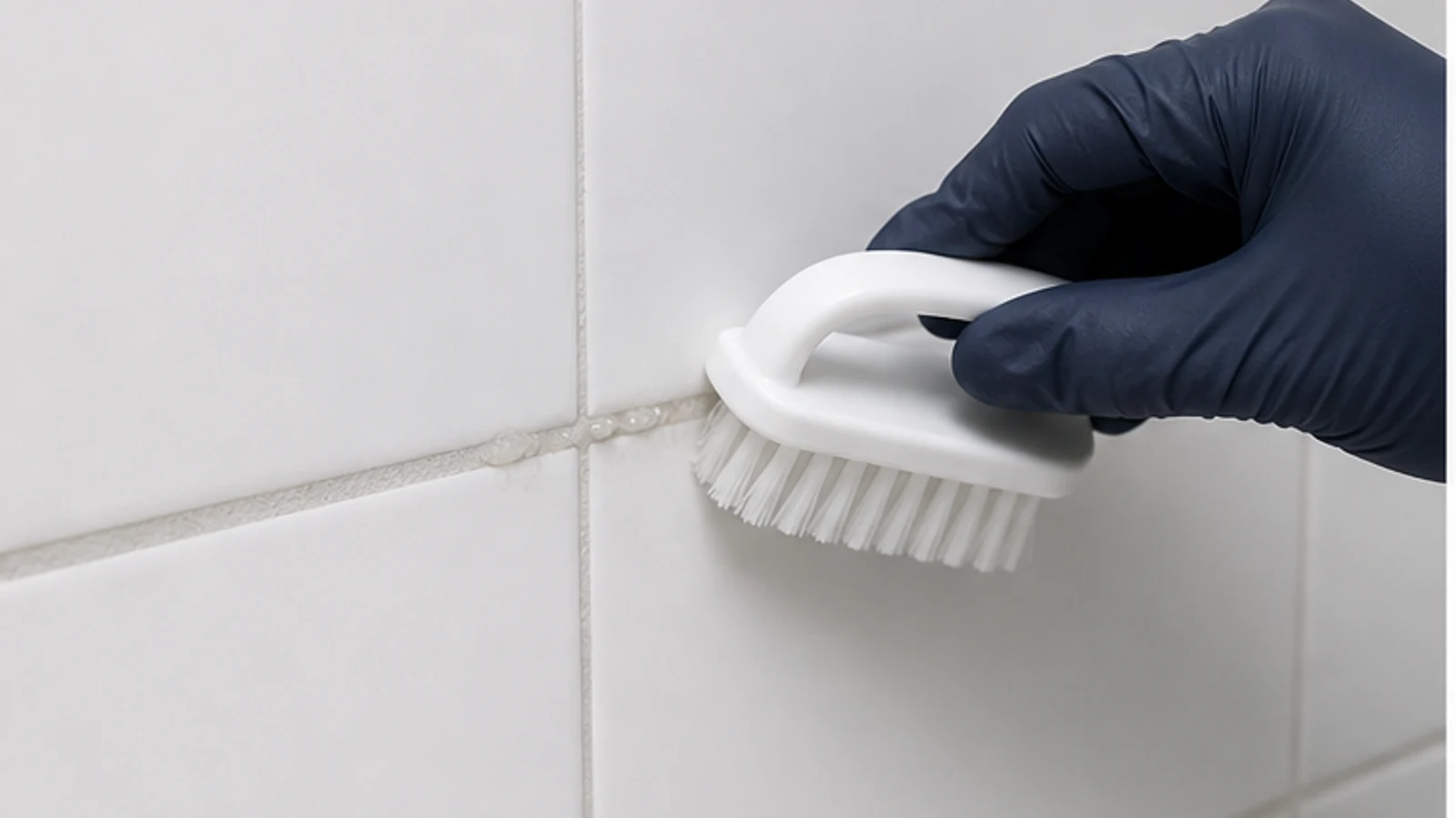 Gloved hand applying diluted neutral cleaner to a small section of intact shower grout