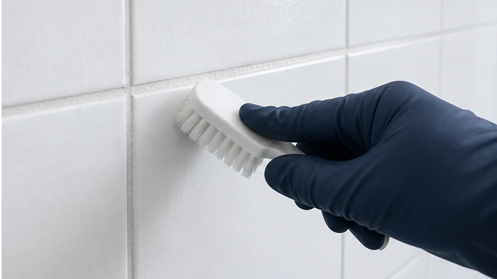 Gloved hand gently agitating intact shower grout with a soft hand brush