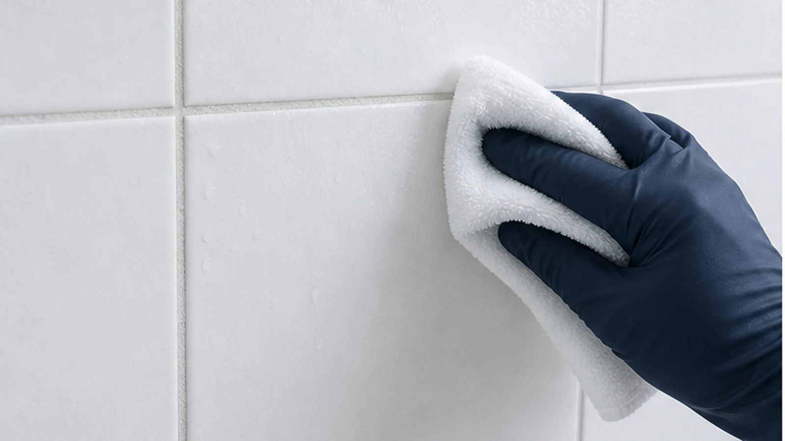 Gloved hand rinsing neutral-cleaner residue from shower grout with a damp cloth