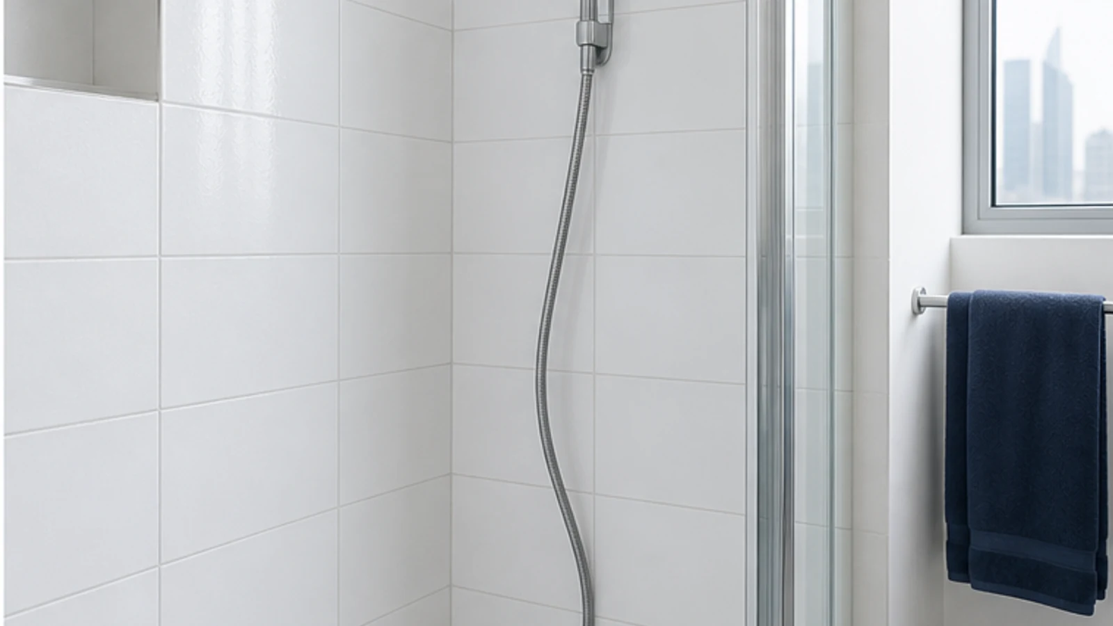 Shower wall section with cleaned bright white grout lines, dry, well-lit, showing clear colour difference between treated and untreated grout.