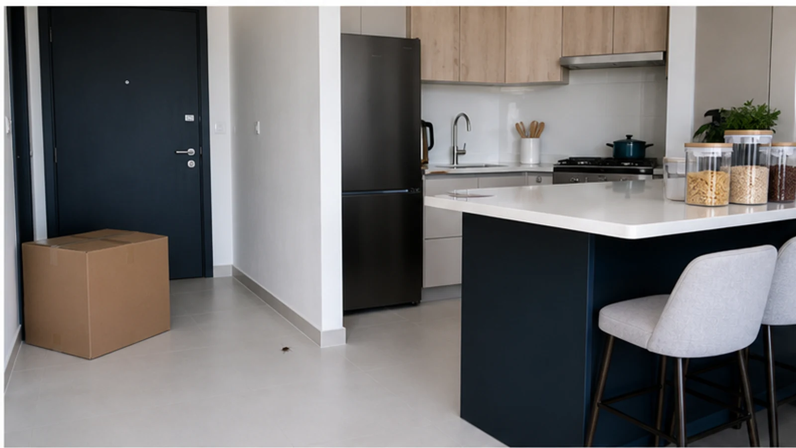 A clean apartment kitchen with sealed food and one moving box after a single cockroach sighting.