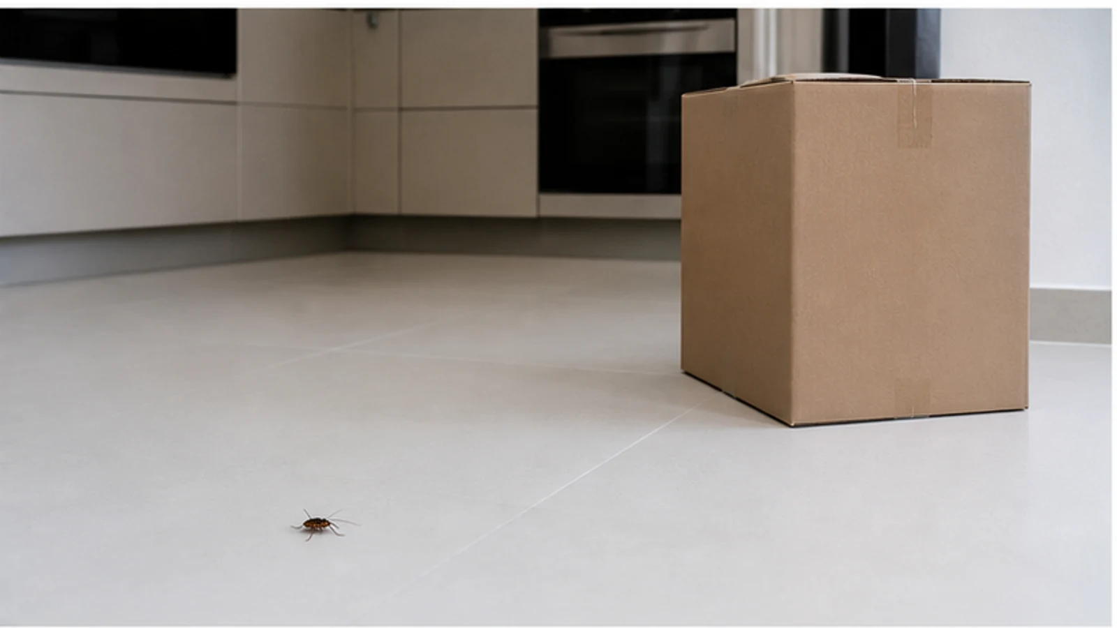 A cockroach sighting being documented from a safe distance beside an unopened delivery box.