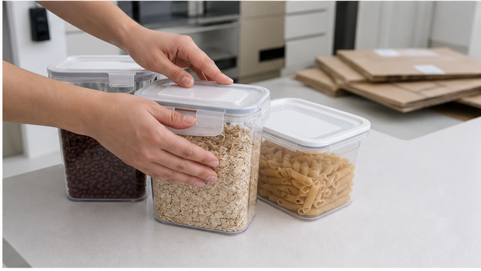 Hands placing dry food in sealed containers and removing cardboard from a clean kitchen.