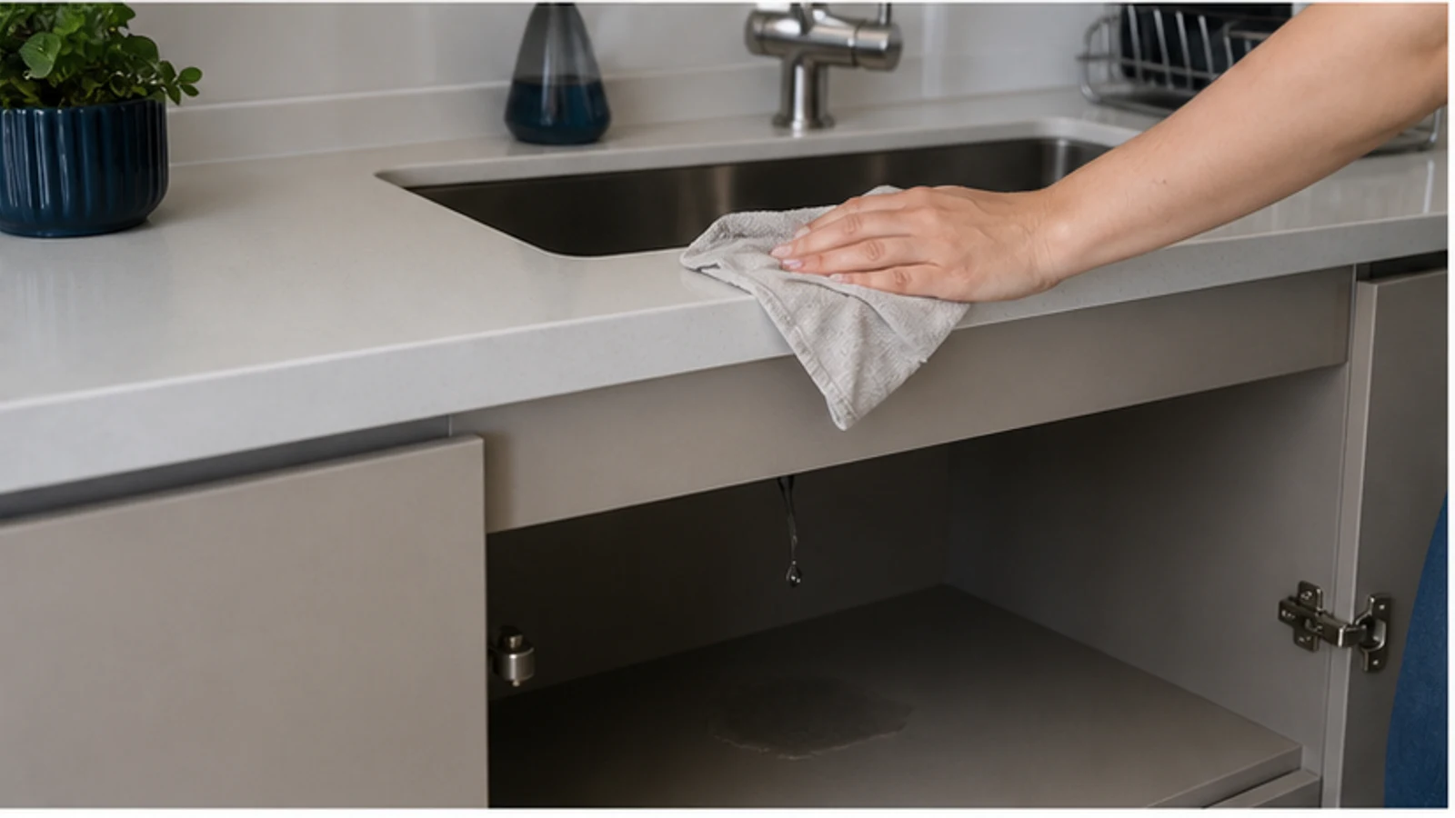 A kitchen sink and counter being dried while a small under-sink leak remains visible for maintenance.