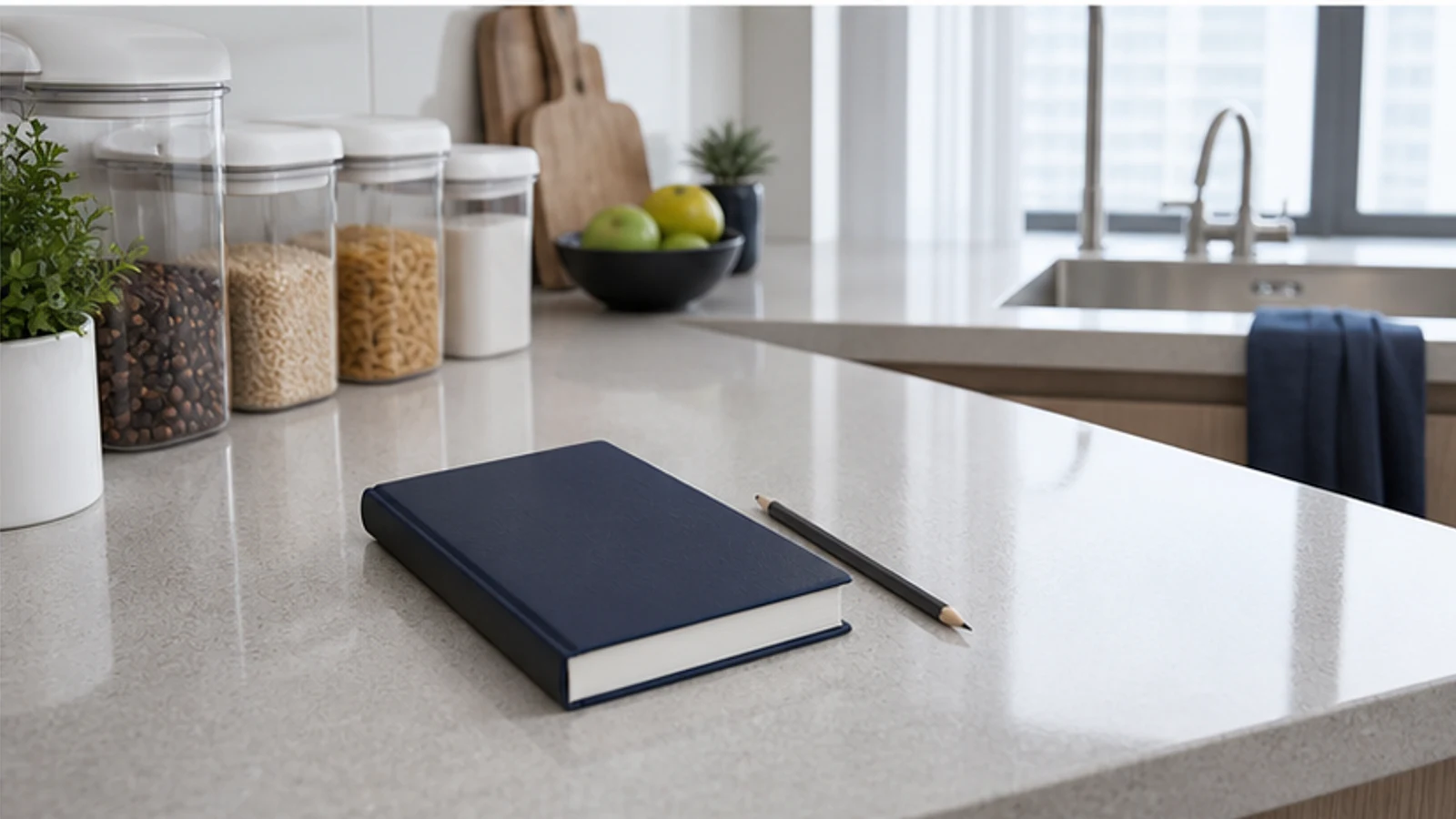 A clean kitchen and closed observation notebook prepared for a licensed pest-control provider.