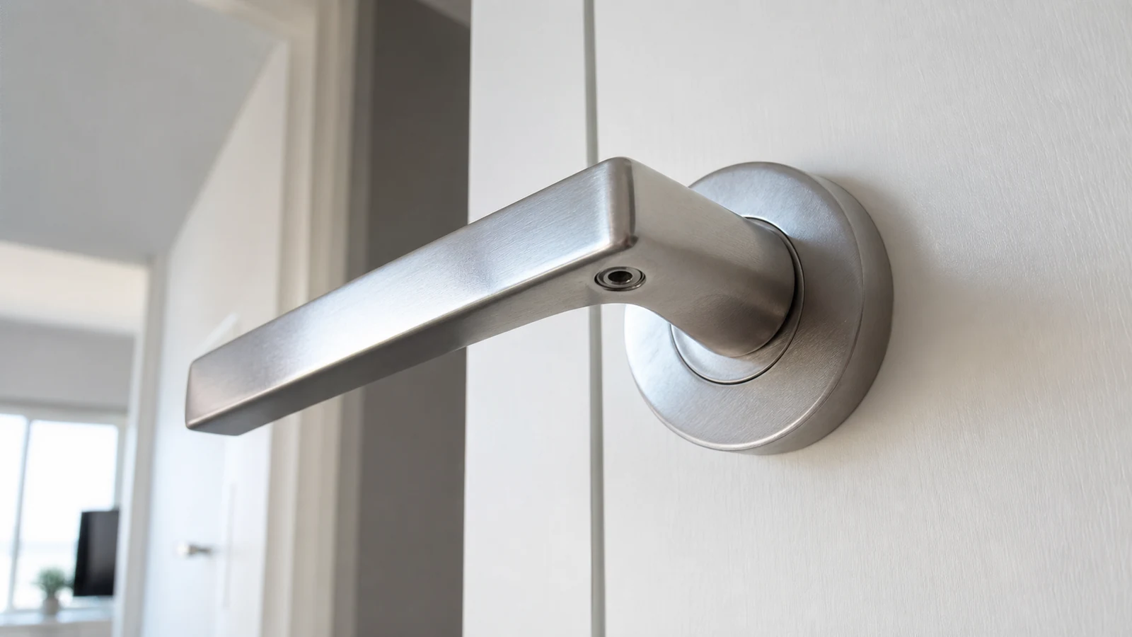 Close-up of a loose interior door handle showing the set screw access hole on the neck