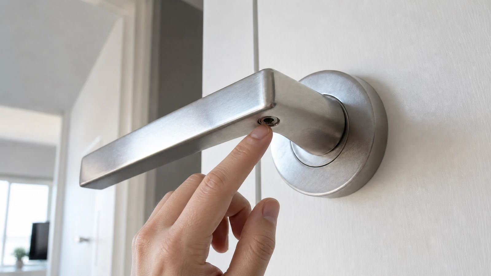 Fingers pointing to the small set screw hole on the side of a door handle neck in natural light