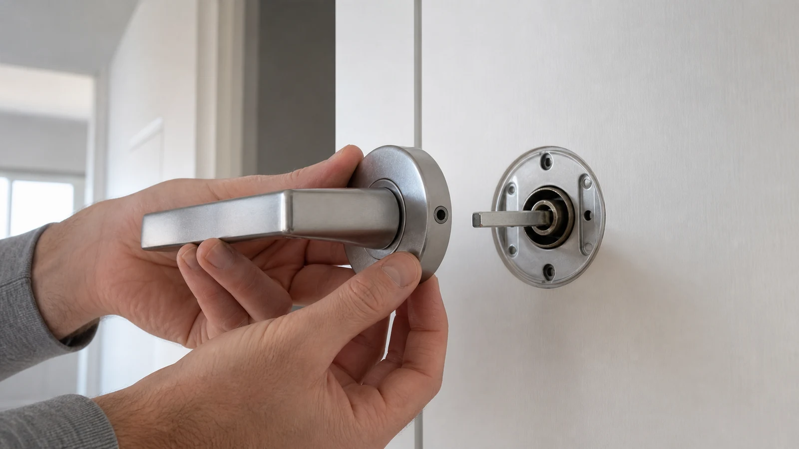 Hand testing a door handle from different angles while the door is open, checking smooth operation