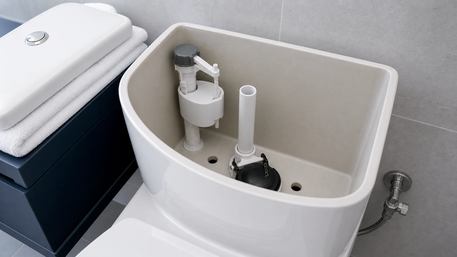 Interior of a cistern tank showing the flapper, fill valve and overflow pipe in a modern toilet