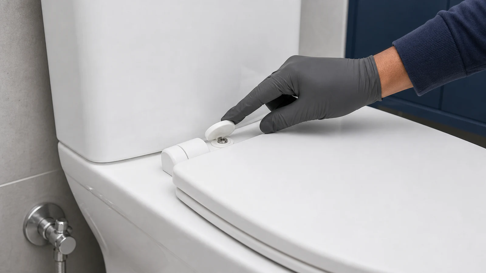 Fingers gently prying up a plastic cap at the base of a toilet seat hinge to expose the screw
