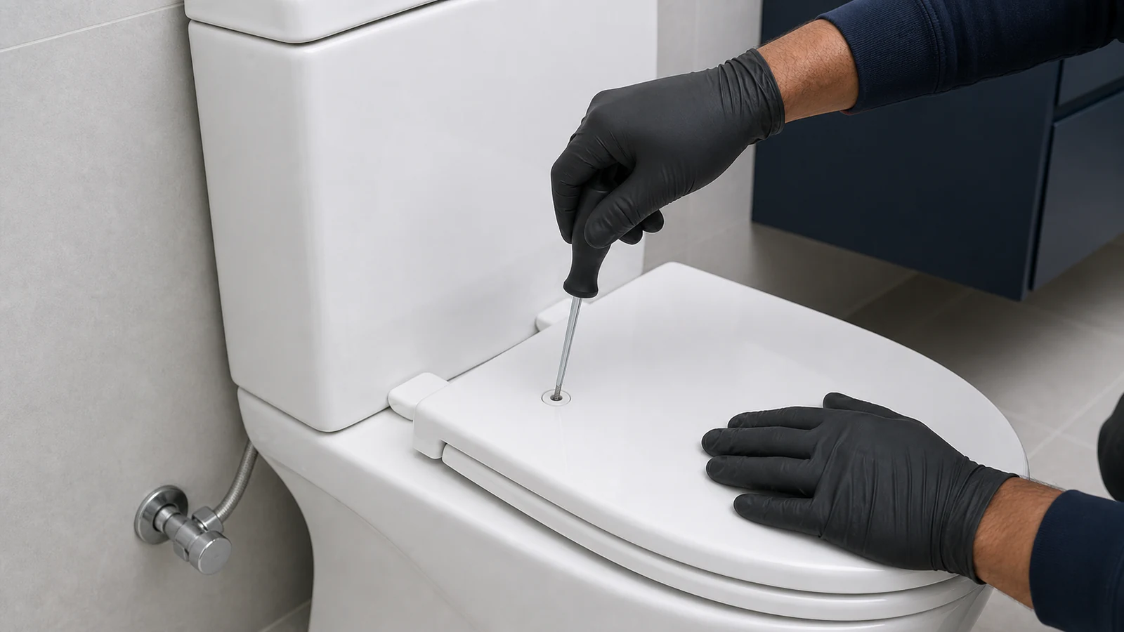 A screwdriver being turned clockwise in a toilet seat hinge screw, viewed from the side
