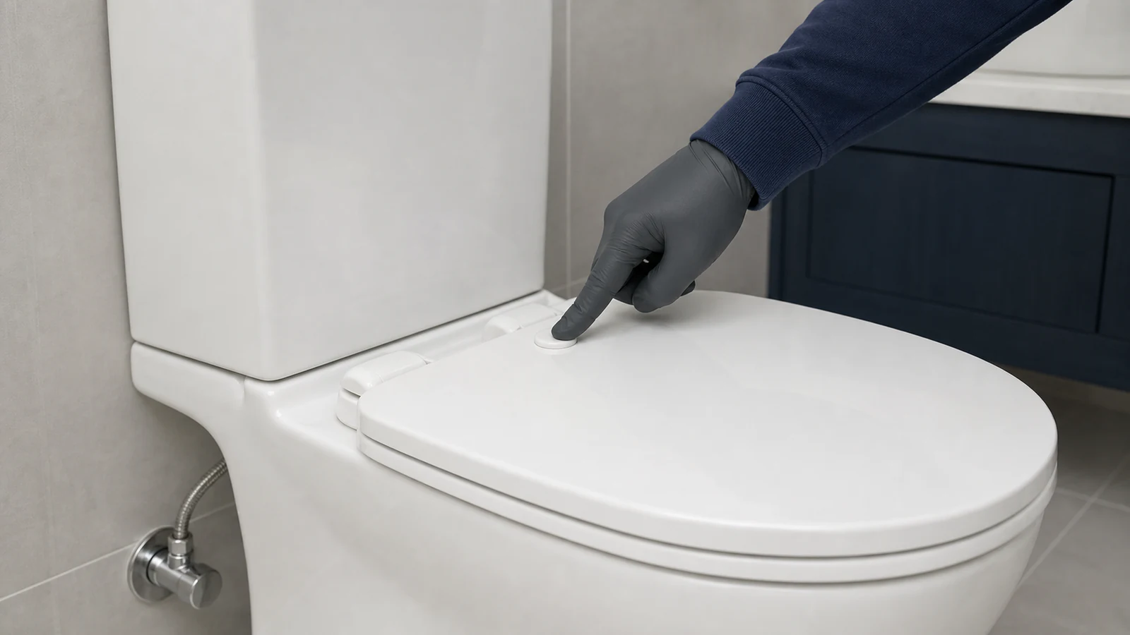 A plastic cap being pushed down onto a toilet seat hinge screw, sitting flush with the seat