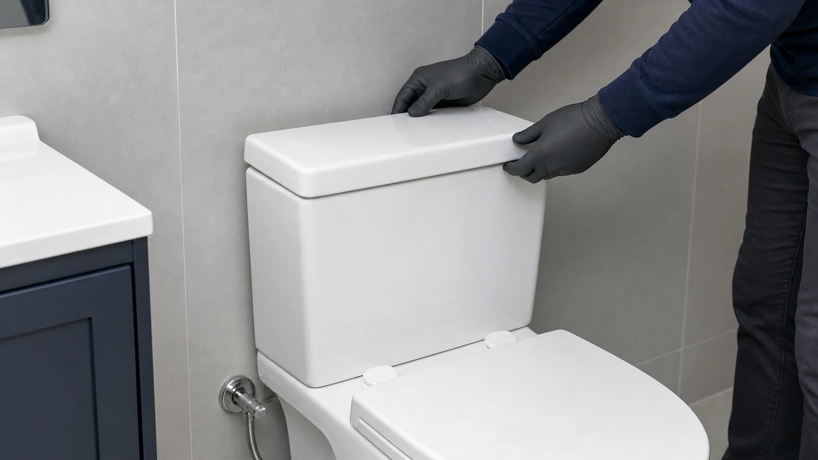 Hands lowering a ceramic cistern lid back onto a toilet tank, aligning it evenly